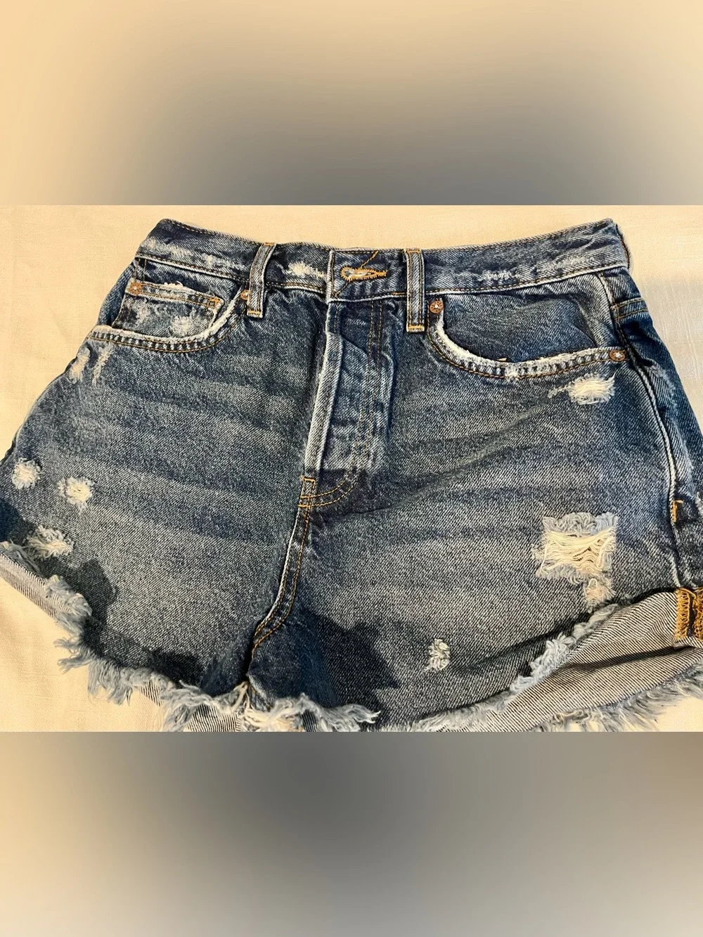 Free People Medium Blue Distressed Denim Cutoff Shorts